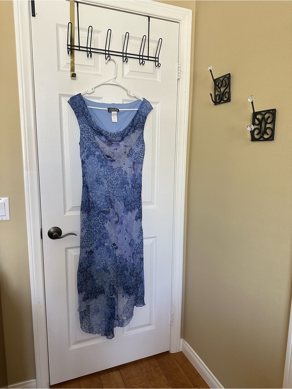 Vintage Blue Floral Cowl Neck and Hi-low Midi Dress